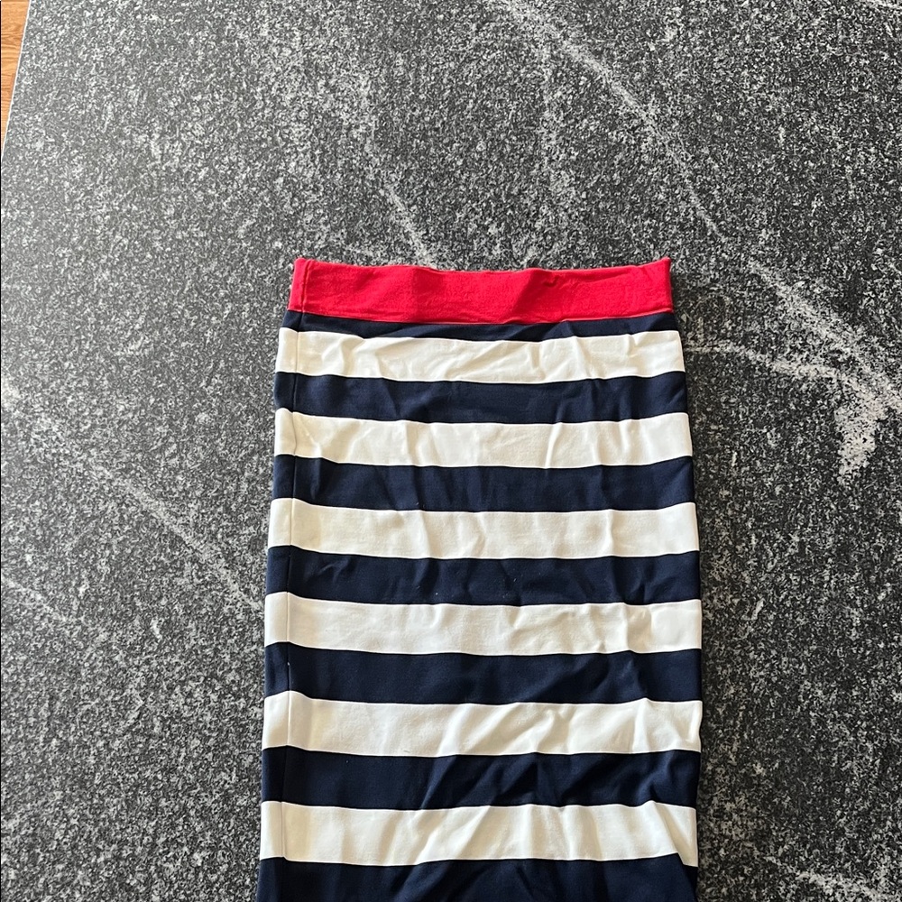Only Navy and White Striped Pencil Skirt with Red Waistband